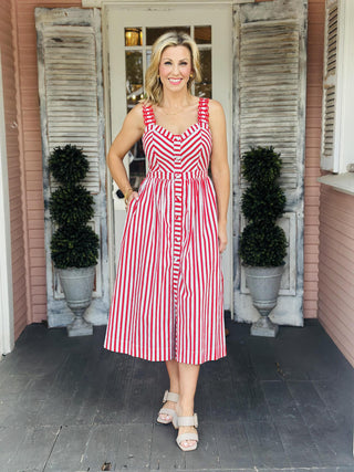 Lillian Dress striped midi dress with embroidered strap detail in red and white cotton poplin with pockets
