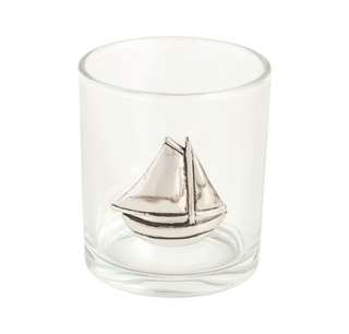 DOF whiskey glass with cast aluminum emblem