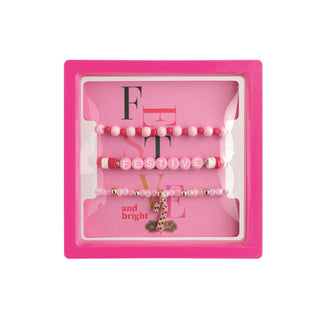 Pink festive holiday bracelet set with candy cane charm in gift box

Set of three pink beaded stretch bracelets with festive holiday message