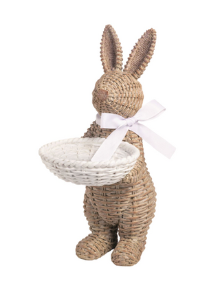 Woven resin bunny tray sitter holding a white candy dish