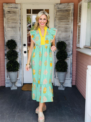 Green Bree Dress with floral and botanical print and ruffled cap sleeves