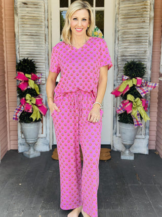 Soft pink floral lounge set with drawstring pants