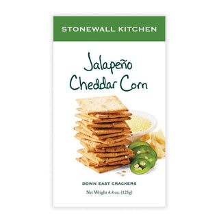 Stonewall Kitchen Jalapeño Cheddar Corn Crackers with a spicy jalapeño kick, bold cheddar flavor, and crunchy corn cracker texture.