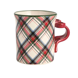 Stoneware tartan mug with red bow handle and green rim

Red tartan plaid Christmas mug with winking snowman handle

Holiday tartan mug with figural Santa holding candy cane handle

Festive red plaid mug with figural wreath handle and red bow

