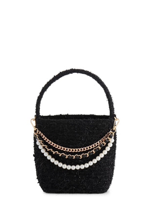 Black tweed bucket bag with gold and pearl chain

Elegant top handle bag with pearl accent chains

Textured black handbag with gold details

Black evening bucket bag with structured handle

Glam pearl and gold chain purse for parties