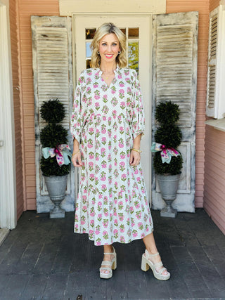 Sage Waylon Dress cotton poplin floral midi dress with puff sleeves