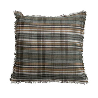 Woven linen and cotton plaid pillow with eyelash fringe