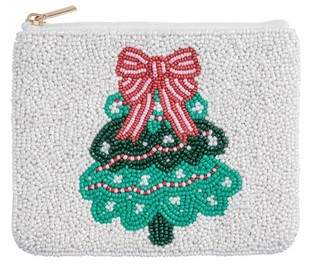 Christmas Beaded Cases featuring hand-beaded Santa and Christmas tree designs with zip-top closures and fully lined interiors.