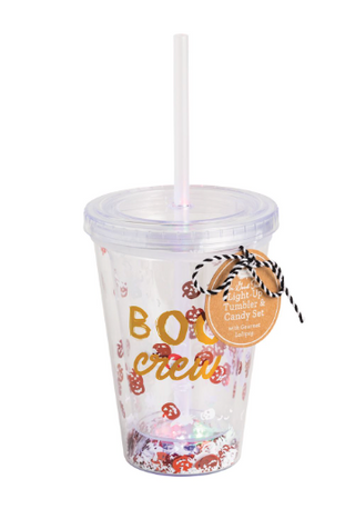 Halloween Light-Up Tumblers with double-walled sequin design, reusable straw, lid, and LED light-up base in festive Halloween styles.