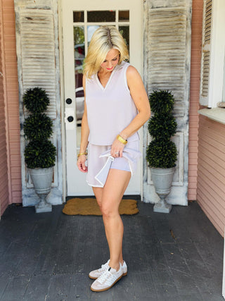Justina Set matching two-piece outfit featuring lightweight collared sleeveless top and skort with built-in shorts