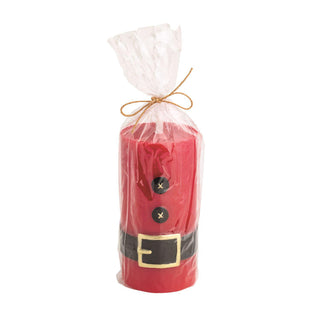 Santa-themed flameless LED pillar candle with faux wick

Red flameless pillar candle with black belt and gold buckle design

Battery-operated Santa suit LED pillar candle wrapped for gifting

