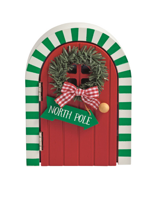 Magic Elf Door with LED lights in red and green, featuring festive Christmas scenes for elf visits, decorative baseboard holiday décor.