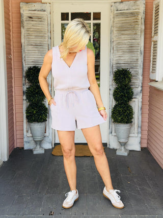 Women’s Misty Romper sleeveless modal romper featuring elastic waist, front pockets, and relaxed fit