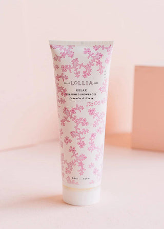 Lollia Relax lavender honey perfumed shower gel with floral pink packaging