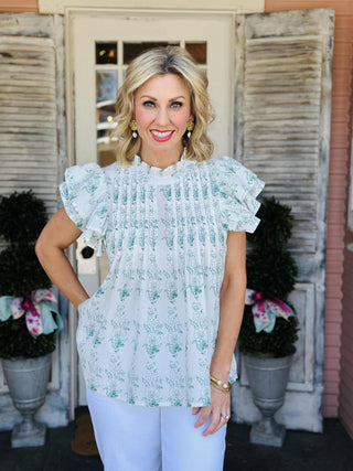 Dolly Flutter Top mint floral cotton cambric blouse