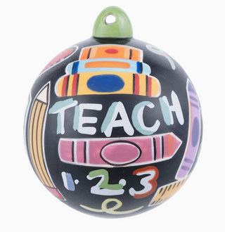 Colorful Teacher Things ornament with crayons, apple, and “Teach” lettering

Hand-painted teacher-themed Christmas ornament featuring pencils, ABCs, and 123s

Black round ornament with vibrant school-themed illustrations and apple design

Ceramic teacher ornament with educational icons and bold colors