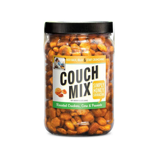 Couch Mix Honey Sriracha savory snack mix with honey roasted peanuts, oyster crackers, and giant corn