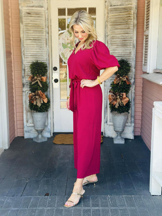Woman wearing Annalise Berry Jumpsuit with ruffle collar and waist tie

Front view of Annalise Berry Jumpsuit with V-neckline and balloon sleeves

Textured berry jumpsuit with removable waist tie and wide-leg silhouette