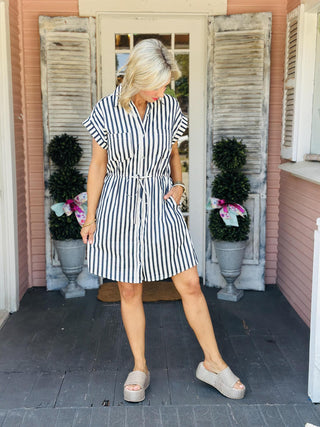 Women’s striped shirt dress with drop shoulders and tie waist detail