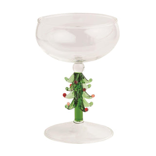 Holiday coupe cocktail glass with green Christmas tree stem

Festive coupe glass with hand-painted nutcracker stem

Clear coupe drink glass with pink Christmas tree stem and red ornaments

Holiday coupe glass with Santa Claus stem for Christmas entertaining