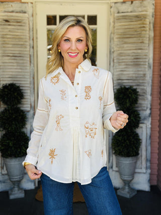 Opal Long Sleeve Ivory Milagro embroidered women’s top