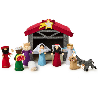Handcrafted Felt Nativity Set with 10 pieces featuring Mary, Joseph, baby Jesus, and Christmas stable
