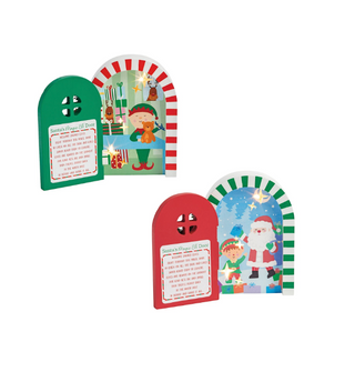 Magic Elf Door with LED lights in red and green, featuring festive Christmas scenes for elf visits, decorative baseboard holiday décor.