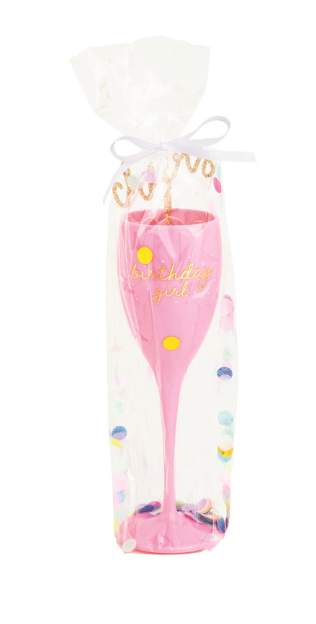Birthday Girl acrylic champagne flute with drink stirrer and confetti wrap