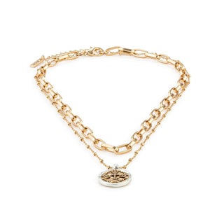 Wrapped in Prayer gold bracelet with layered chain and medallion charm