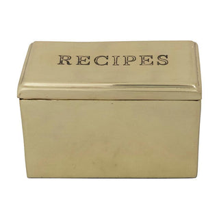 Vintage style gold metal recipe box with engraved Recipes lid and blank recipe cards