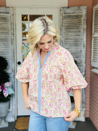 Maggie Top floral puff sleeve V-neck blouse with pink botanical print