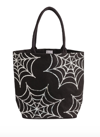 Halloween Sparkle Totes featuring sequin appliqué designs including BOO!, spider webs, and jack-o'-lanterns with cotton webbing handles.