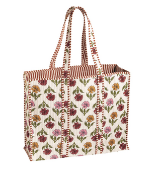 Multi Harvest Block Print Tote featuring a quilted cotton floral block print, contrast striped binding, and spacious interior with pocket.