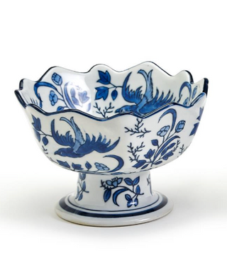 Blue & White Scalloped Edge Hand-Painted Footed Bowl with floral porcelain design
