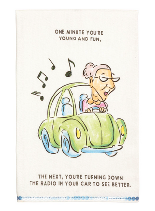Sequin birthday cotton hand towel with funny aging illustration