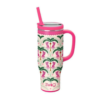 Swig Palm Royale Mega Mug 30 oz tumbler with handle straw pink trim and tropical seahorse print