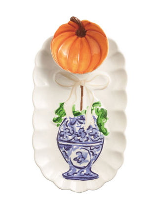 Hand-painted ceramic Pumpkin Topiary Tray & Tidbit Set featuring a blue chinoiserie vase with a pumpkin topiary and a coordinating pumpkin-shaped tidbit dish.