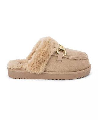 "Davos Taupe faux fur slippers with gold buckle detail"

"Cozy taupe slip-on slippers with faux fur lining"

"Warm taupe mule slippers with gold hardware"

"Women’s taupe faux fur slippers with cushioned sole"
