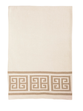 Knit Greek Key pattern throw blanket in neutral tones