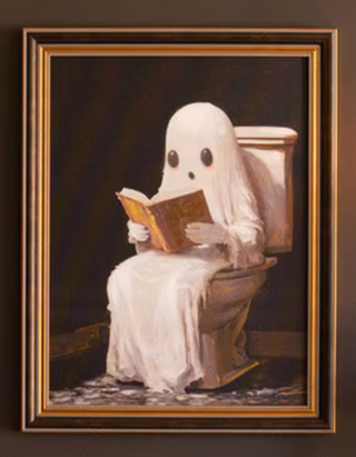 Set of two Halloween ghost paintings with black cat and spooky reading scene