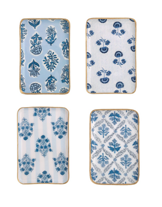 Blue patterned enamel trinket tray with hand painted gold edge