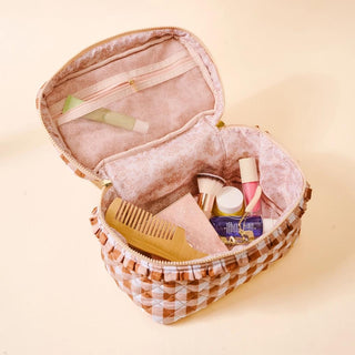 Maple Gingham Glam & Go Quilted Cosmetic Bag with ruffle trim and gold zippers