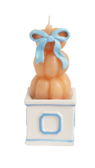Pumpkin Topiary Candles featuring figural stacked pumpkins with elegant blue bows, wrapped in cello for fall decorating and gifting.
