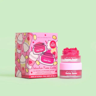 Pistachio Rose Latte Lip Care Set with sugar lip scrub and balm in pink packaging