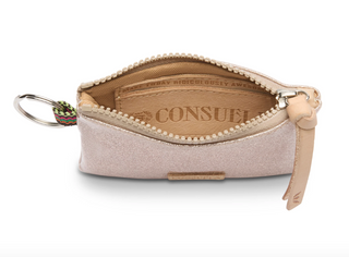 Consuela Emery Pouch with champagne glitter finish and leather zipper pull

Champagne glitter Consuela Emery Pouch with keyring and zip closure

Consuela Emery Pouch interior view showing card slot and zip compartment

Small glitter key pouch by Consuela with natural leather details