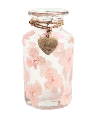Pressed flower glass bud vase with brass heart charm