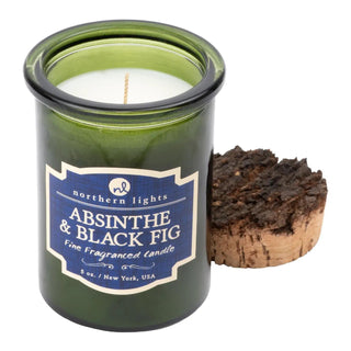 Absinthe & Black Fig scented candle in green glass jar with cork lid