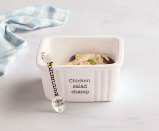 Chicken Salad Server Set featuring a ceramic deli container-style serving dish with "Chicken salad champ" sentiment and a silverplate serving spoon with an enamel chicken handle.