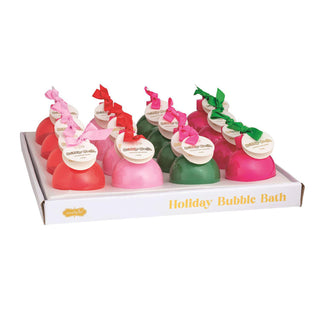 Assorted holiday bubble bath ornaments in red, pink, and green with ribbon ties

Festive plastic ornament bottles filled with scented bubble bath

Holiday bubble bath ornaments with gift tags and colorful bows