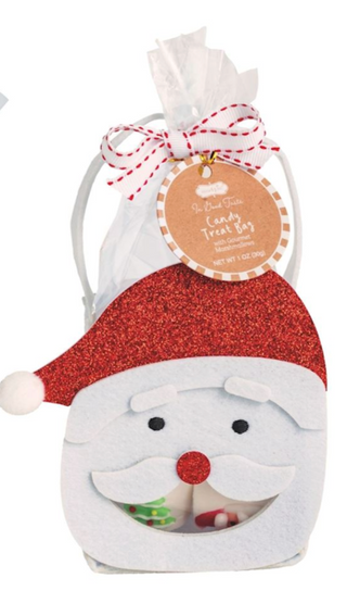 "Santa felt treat bag filled with Christmas marshmallow characters"

"Gourmet marshmallow gift set in Santa-themed felt bag"

"Assorted holiday marshmallows in Santa Claus packaging"

"Santa gift bag with festive marshmallow characters"

